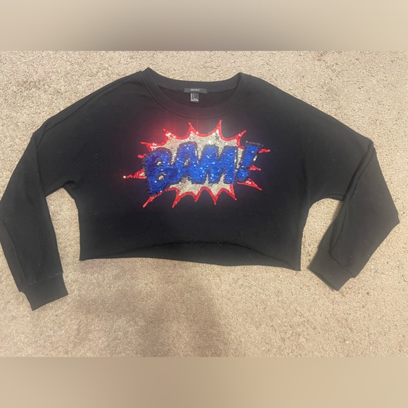 Forever21 Sequin Sparkle “BAM” Comic Style Pop Cropped Long Sleeve Crew Neck - Picture 6 of 11